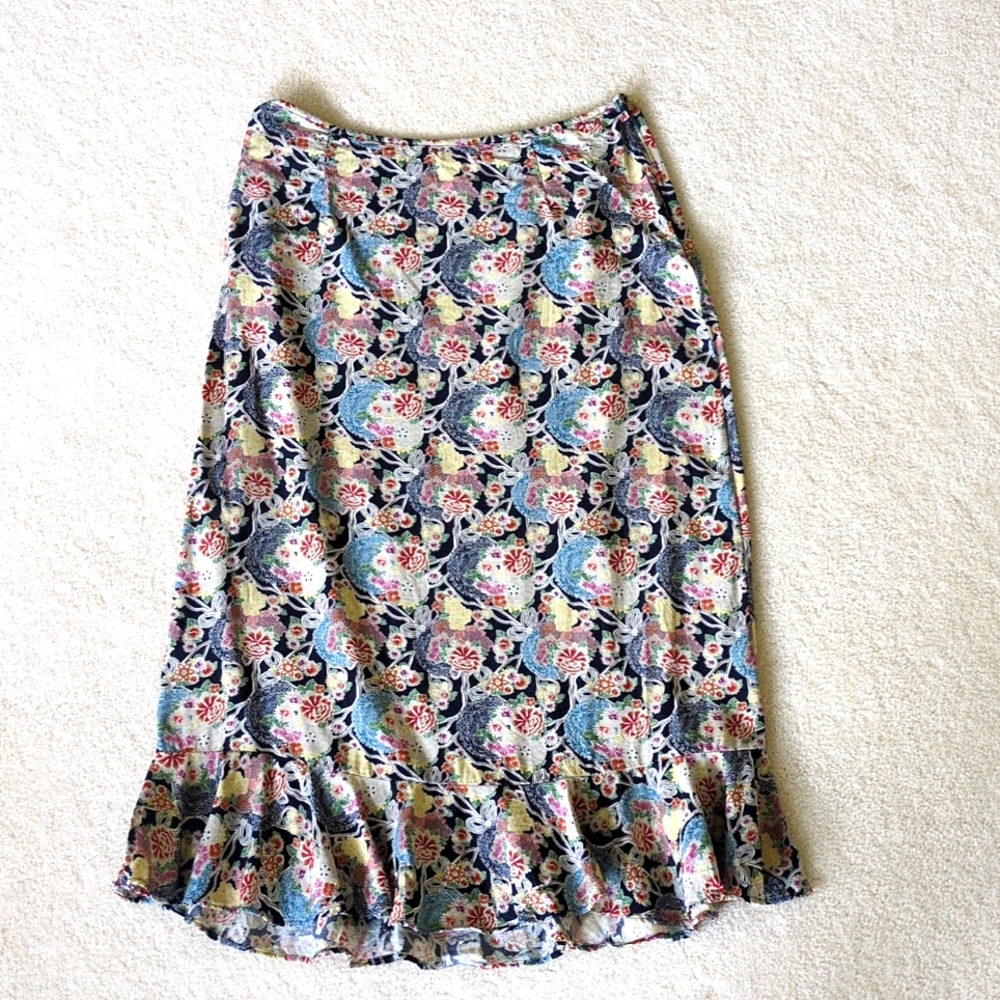 Fall Midi Skirt Trendy Flounce Ruffle Hem Lightweight Dark Floral 6